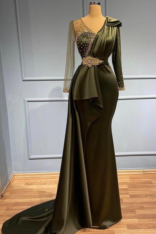 long sleeve vintage prom dresses Vintage Long Mermaid V-neck Beading Satin Prom Dress with Sleeves