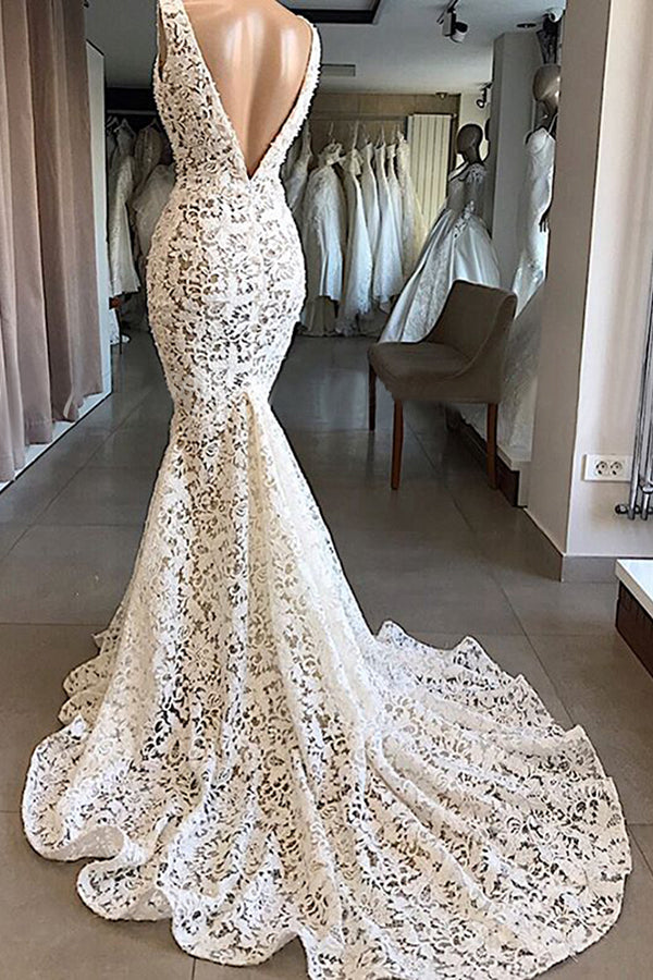 Vintage Long Mermaid V-neck Lace Backless Wedding Dresses Vintage Long Mermaid V-neck Lace Backless Wedding Dresses