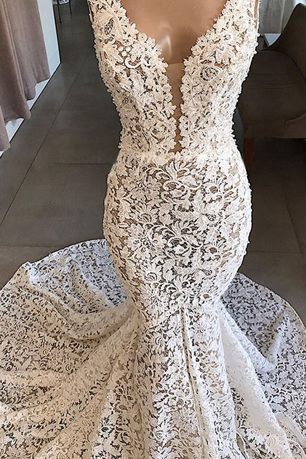 Vintage Long Mermaid V-Neck Lace Backless Wedding Dresses