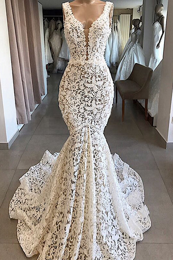 Vintage Long Mermaid V-Neck Lace Backless Wedding Dresses Vintage Long Mermaid V-Neck Lace Backless Wedding Dresses