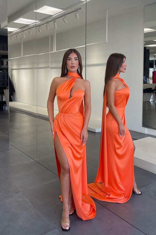 slim fit dress slacks Halter Orange Sequin Applique A-Line Long Prom Dress – FancyVestido