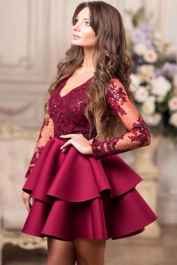 Vintage Short A-line V-neck Lace Satin Prom Dress With Sleeves Vintage Short A-line V-neck Lace Satin Prom Dress With Sleeves
