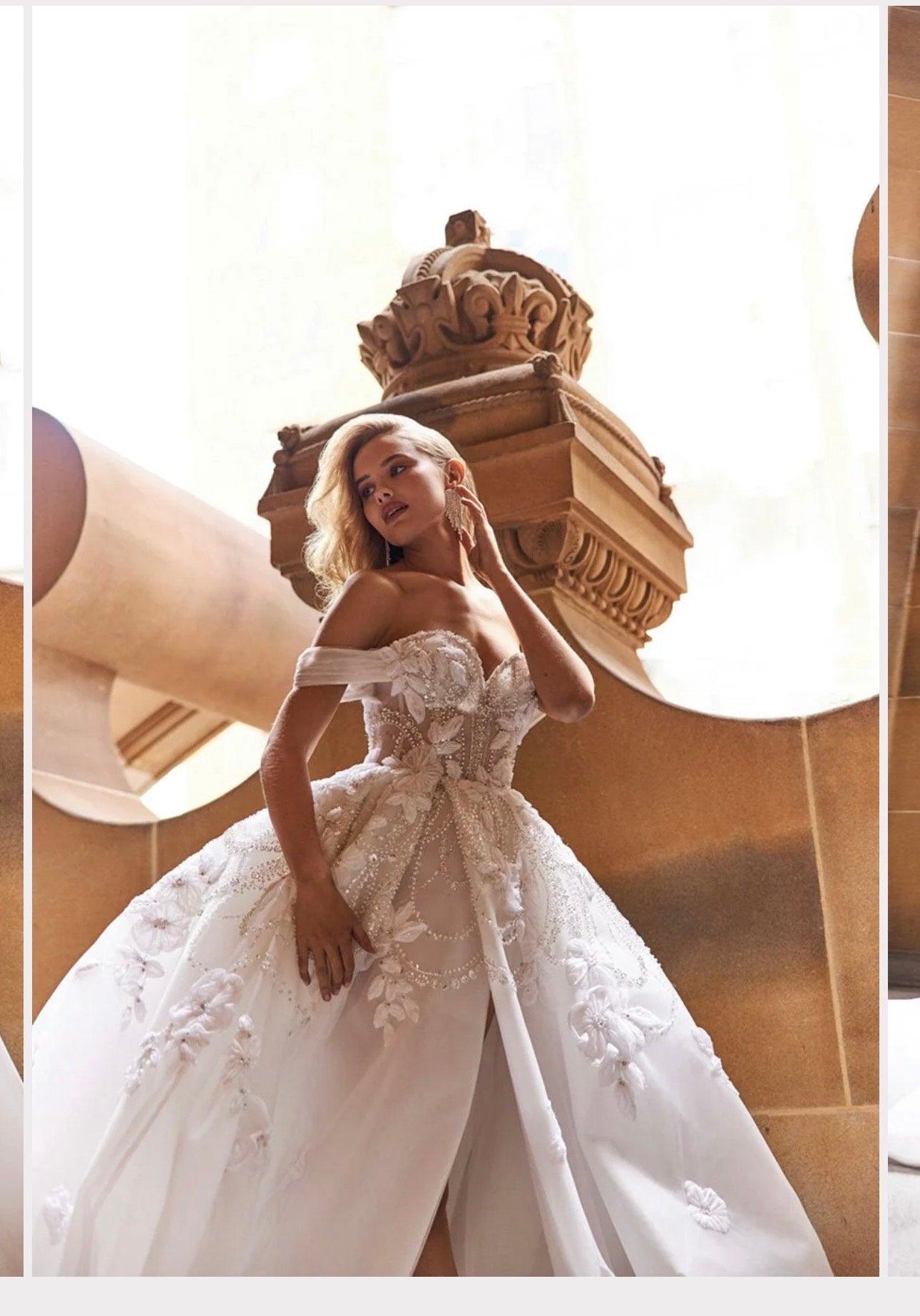 beige jacquard dress Luxurious Off The Shoulder Beaded Wedding Dress Wholesale – Ludyne Yuceed