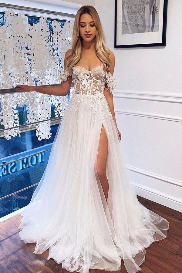 White Boho Long A Line Lace Off The Shoulder Wedding Dress with Slit White Boho Long A Line Lace Off The Shoulder Wedding Dress with Slit