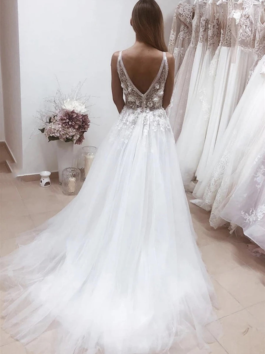 White Long A-line V Neck Backless Lace Appliques Wedding Dresses White Long A-line V Neck Backless Lace Appliques Wedding Dresses