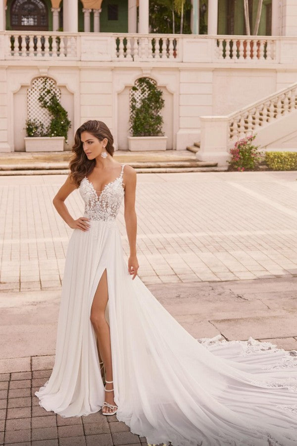 White Long A-line V-neck Chiffon Lace Backless Wedding Dresses with Slit White Long A-line V-neck Chiffon Lace Backless Wedding Dresses with Slit