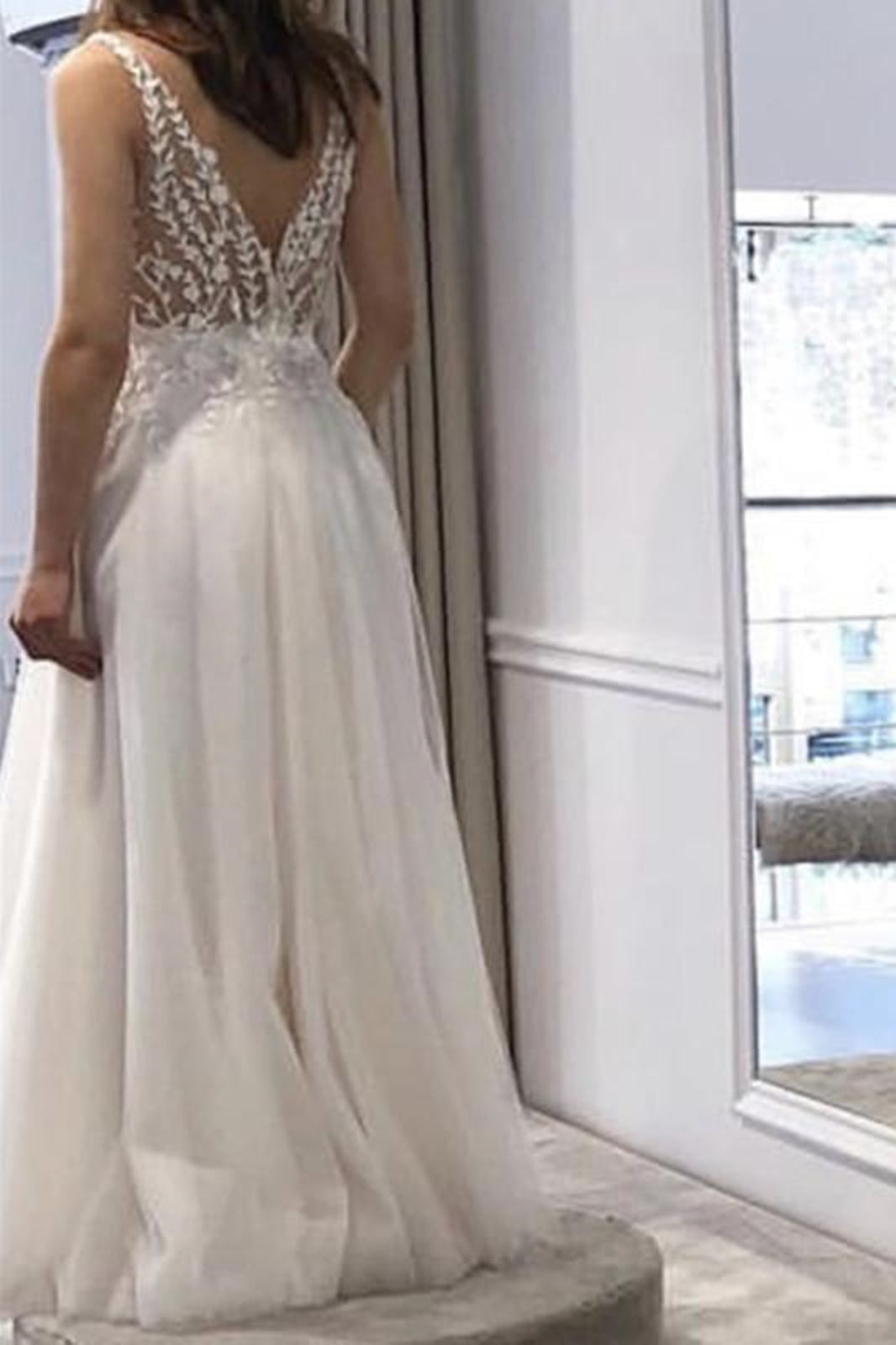 White Long A Line V Neck Tulle Backless Lace Prom Dress with Slit White Long A Line V Neck Tulle Backless Lace Prom Dress with Slit