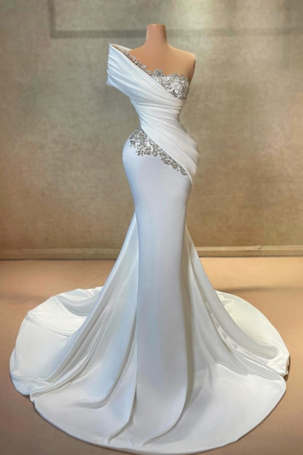 white prom dress one shoulder Square Neck Mirror-Cut Sequins With Slit White / 8 100%Polyester One Shoulder White Cut Out