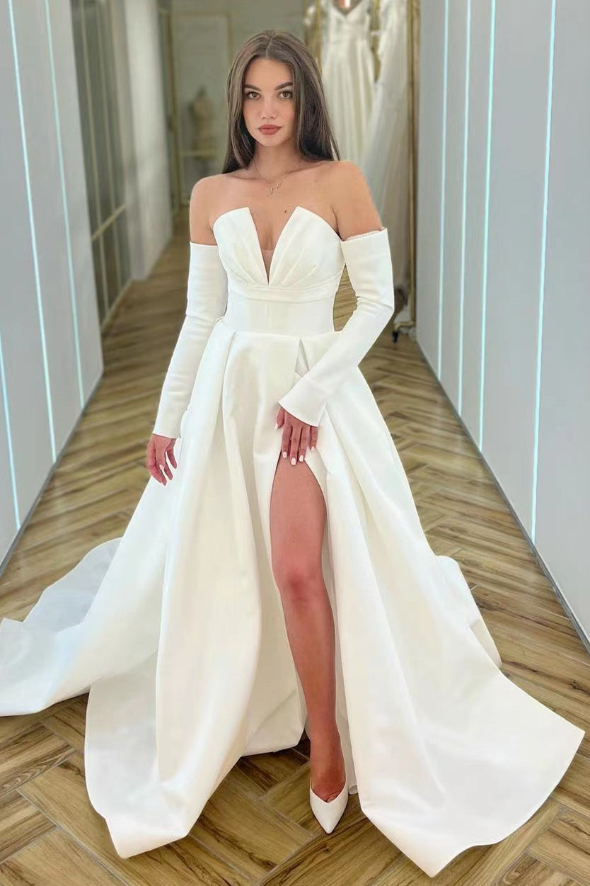 Weitese Formal Women's Dresses Deep V Neck White Long Sleeve Slit Wrap Dress Prom Dress Stores