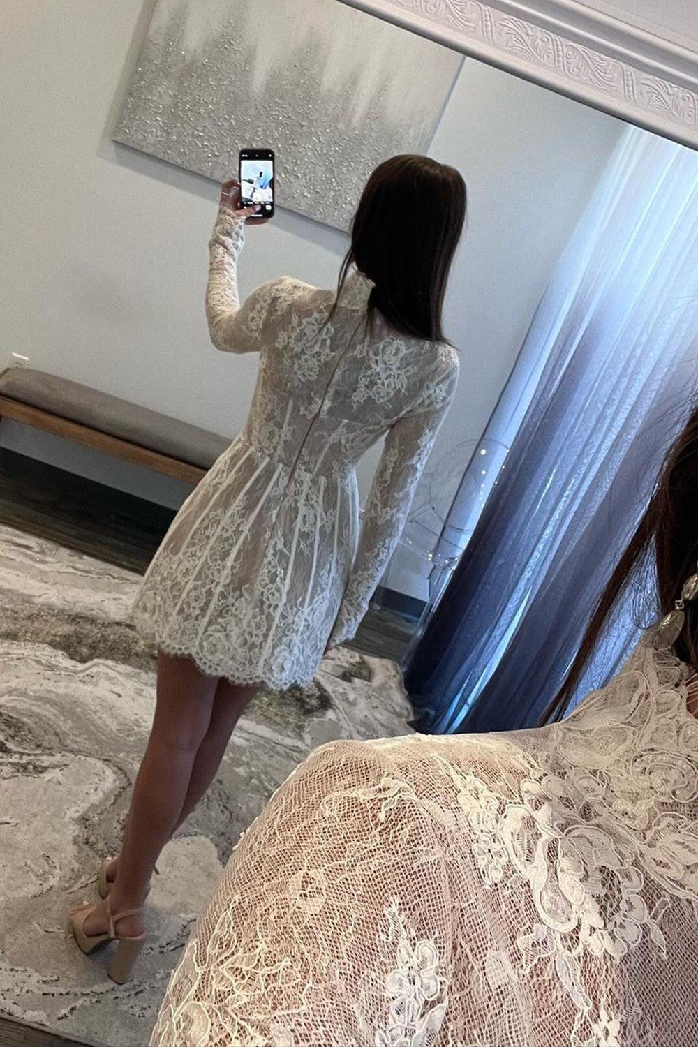 long sleeve short homecoming dresses White Long Sleeves A Line Short Homecoming Dress With Lace