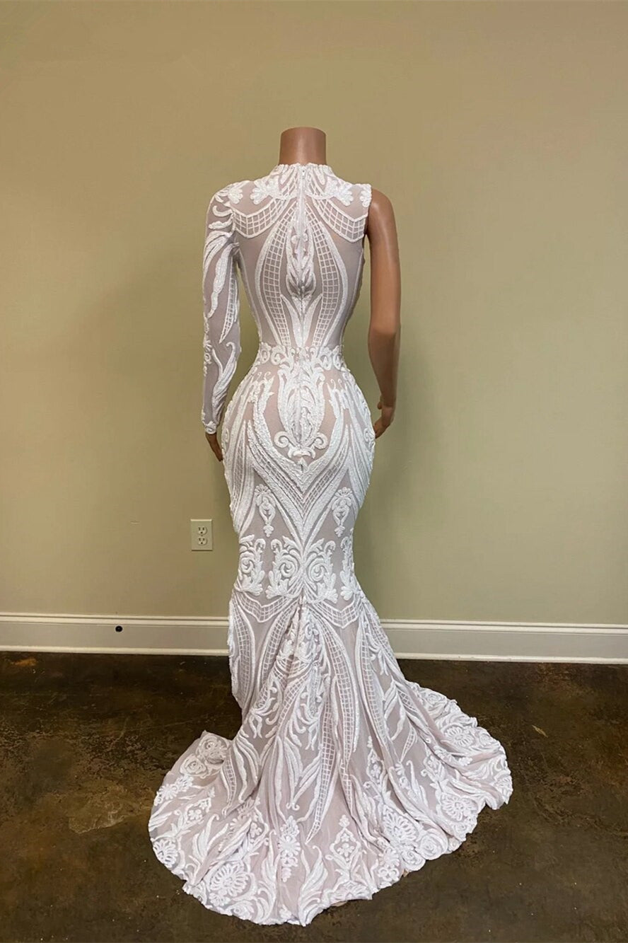 White One Shoulder Long Sleeves Lace Mermaid Prom Dress with Split