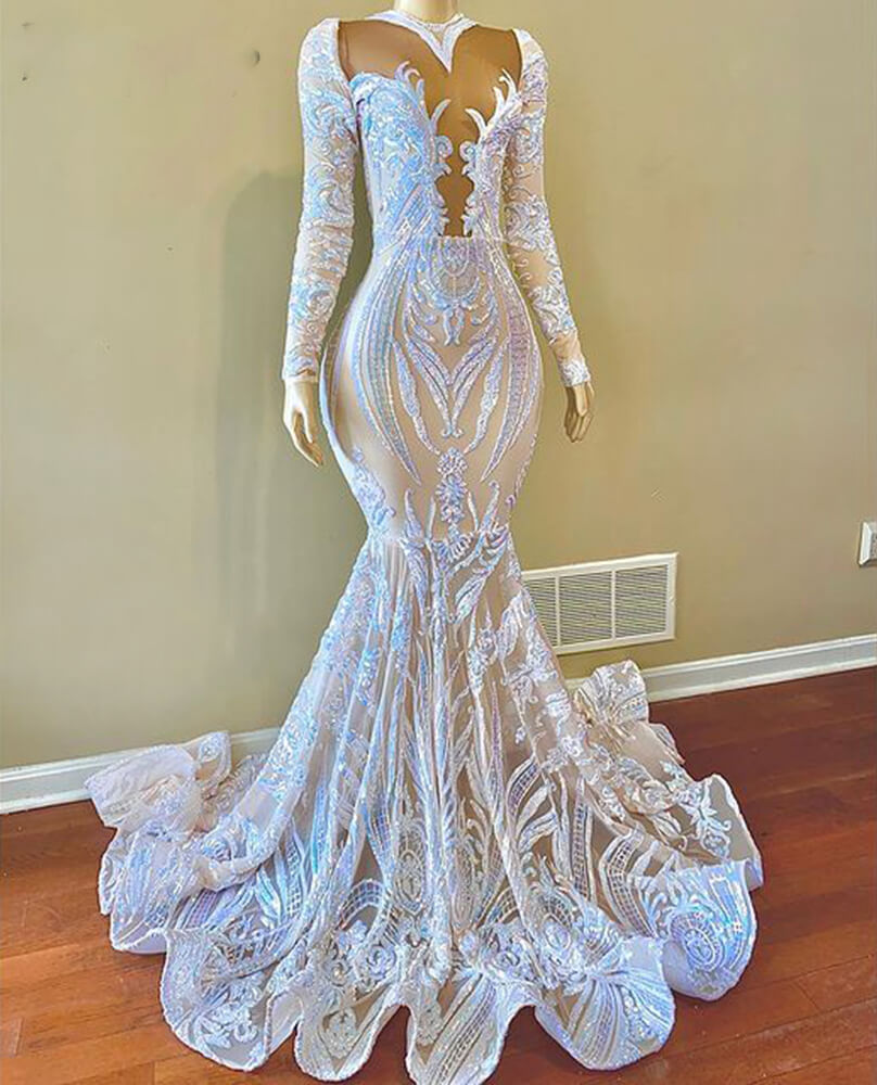 White Long Sequins Lace Mermaid Prom Dress with Long Sleeves