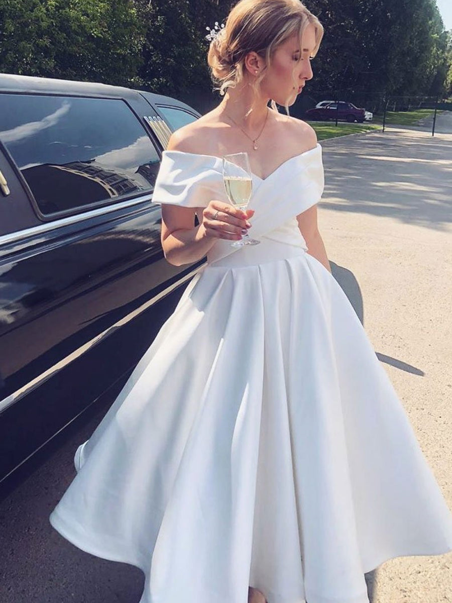 White Short A-line Off the Shoulder Tea Length Satin Wedding Dresses White Short A-line Off the Shoulder Tea Length Satin Wedding Dresses