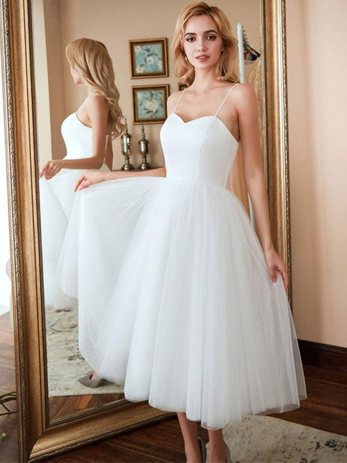 White Short A-line Sweetheart Tulle Tea Length Wedding Dresses White Short A-line Sweetheart Tulle Tea Length Wedding Dresses