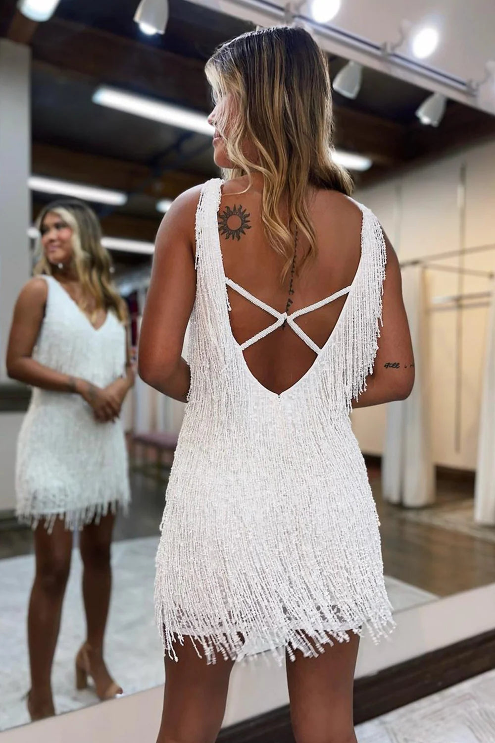 White V-Neck Backless Tight Short Homecoming Dress with Fringes White V-Neck Backless Tight Short Homecoming Dress with Fringes