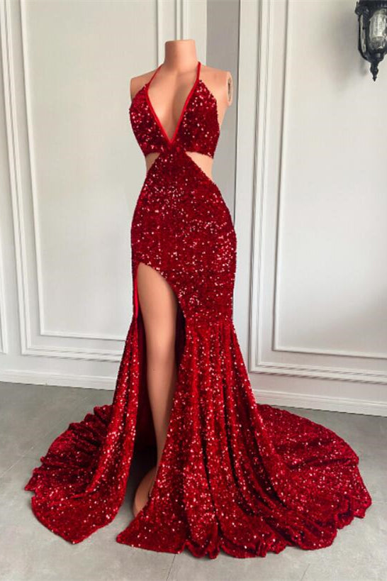 Halter Mermaid Sequins Pleats Prom Dresses LBQ3786 main image 1