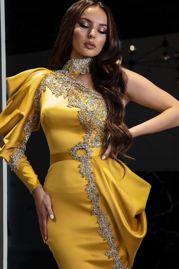 yellow long sleeve prom dress Yellow Beaded Lace Satin Prom Dresses Long Sleeve V-Neck Formal Dress 24515 Yellow / US14