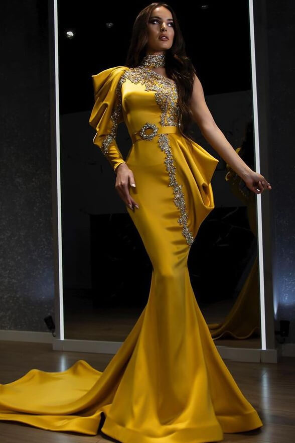 knee length dresses for ladies ONE-SHOULDER DRESS WITH SHEER MESH IN GOLD | CULT MIA