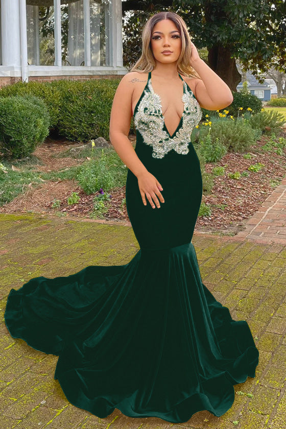 Long Yellow Halter V-Neck Mermaid Prom Dress with Applique Lace Long Yellow Halter V-Neck Mermaid Prom Dress with Applique Lace