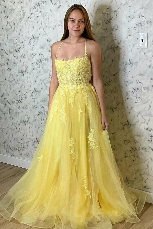 Yellow A-Line Strapless Tulle Lace Appliqued Long Open Back Evening Dress