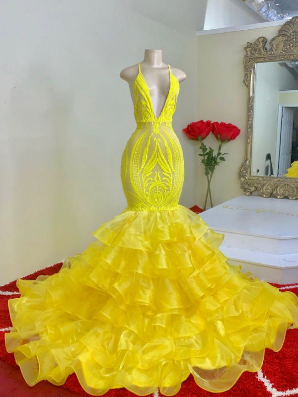 yellow lace formal dress Sweetheart Yellow Lace Corset Tiered Tulle Prom Dress – FancyVestido