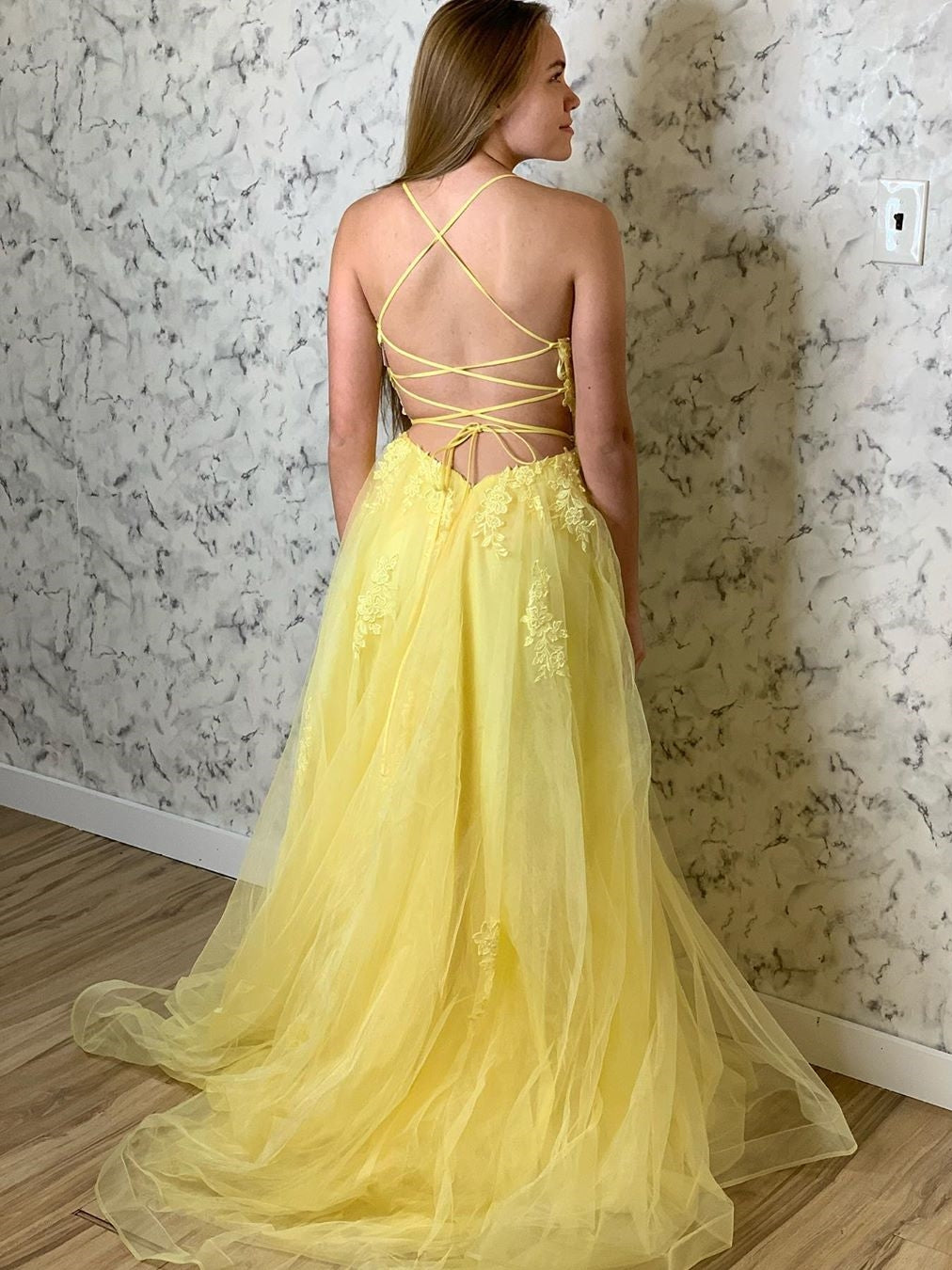 Yellow Long A-line Tulle Lace Open Back Formal Prom Dresses BIZTUNNEL Yellow Long A-line Tulle Lace Open Back Formal Prom Dresses BIZTUNNEL