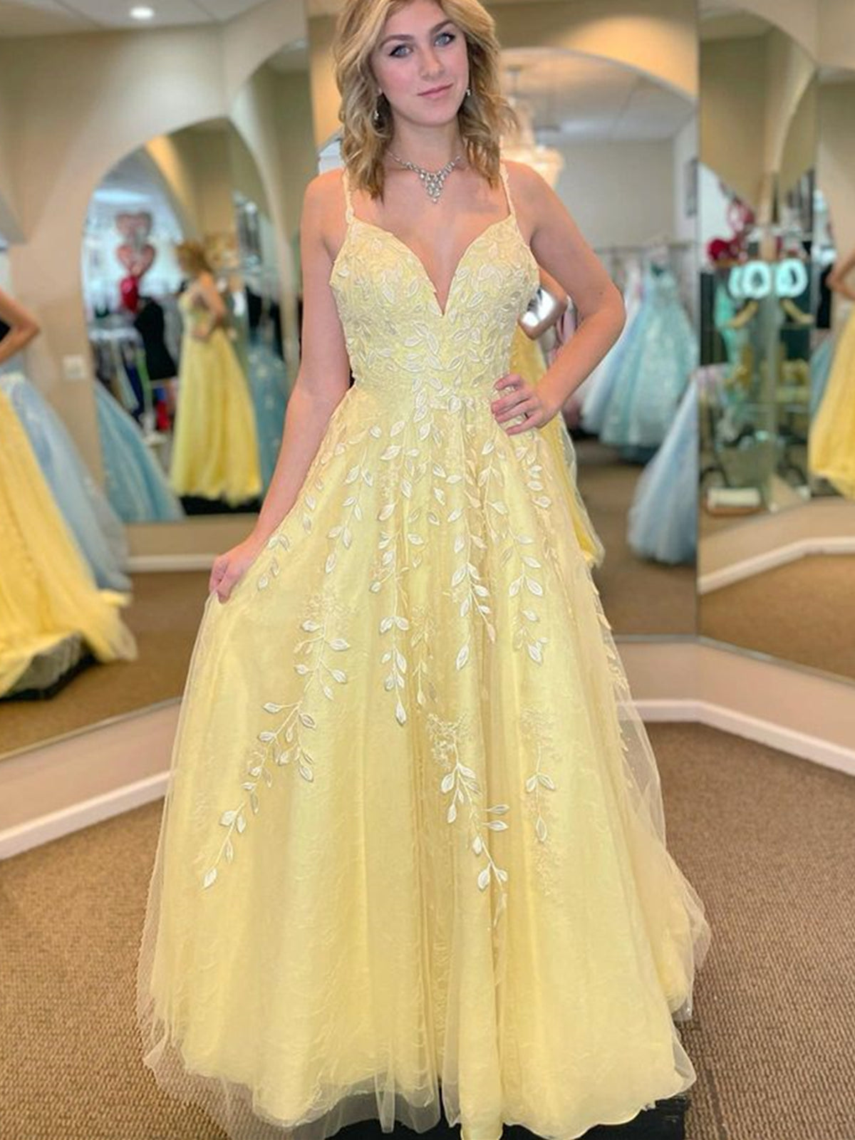 Yellow Long A Line V Neck Lace Tulle Open Back Prom Dresses with Appliques Yellow Long A Line V Neck Lace Tulle Open Back Prom Dresses with Appliques