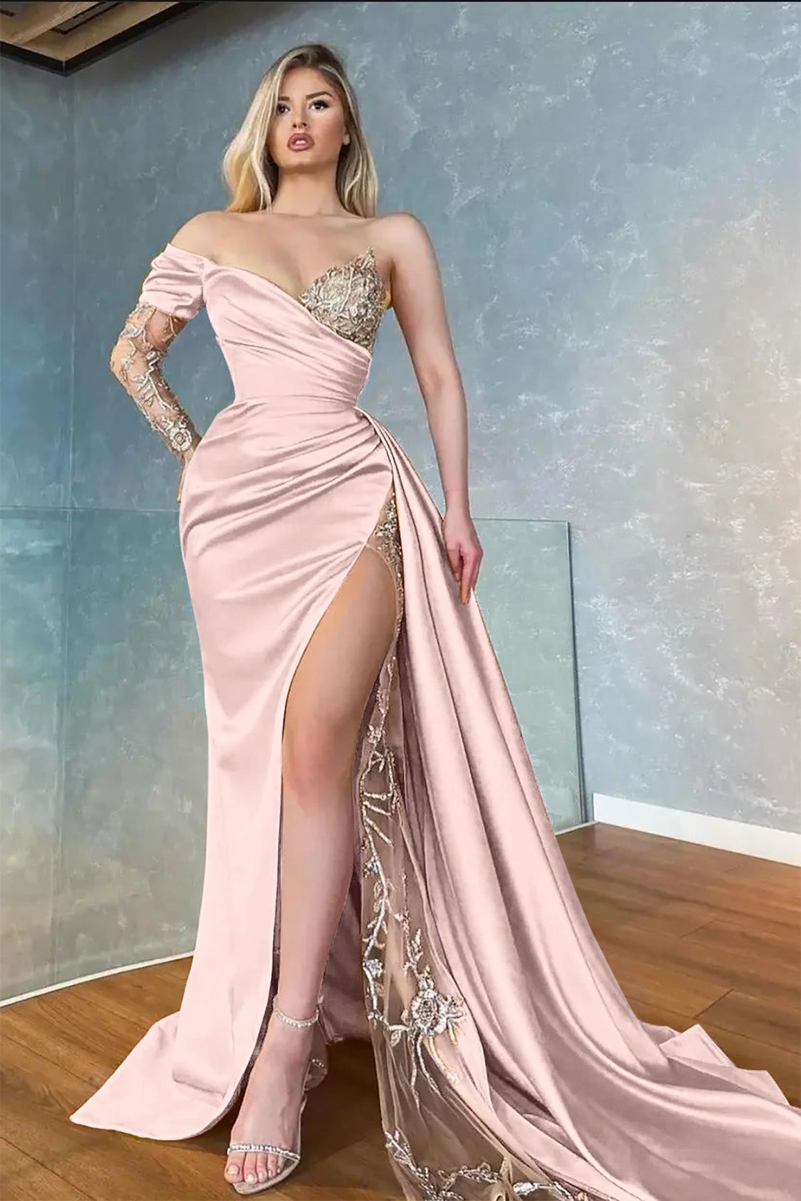 Yellow Long Sleeves Sweetheart Mermaid Applique Lace Prom Dress with Slit Yellow Long Sleeves Sweetheart Mermaid Applique Lace Prom Dress with Slit