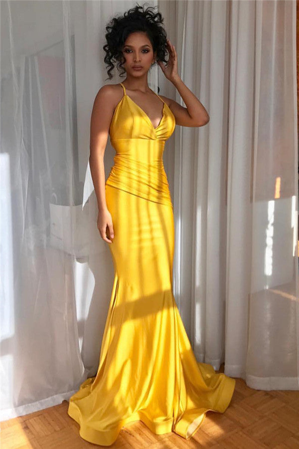 fitted lace wedding dress Mermaid Yellow Sequins Long Sweetheart Prom Dresses main image 0