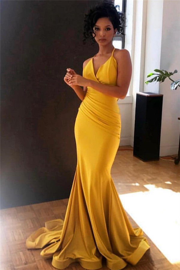 Yellow Long Spaghetti Strap V-Neck Satin Mermaid Evening Dress Yellow Long Spaghetti Strap V-Neck Satin Mermaid Evening Dress
