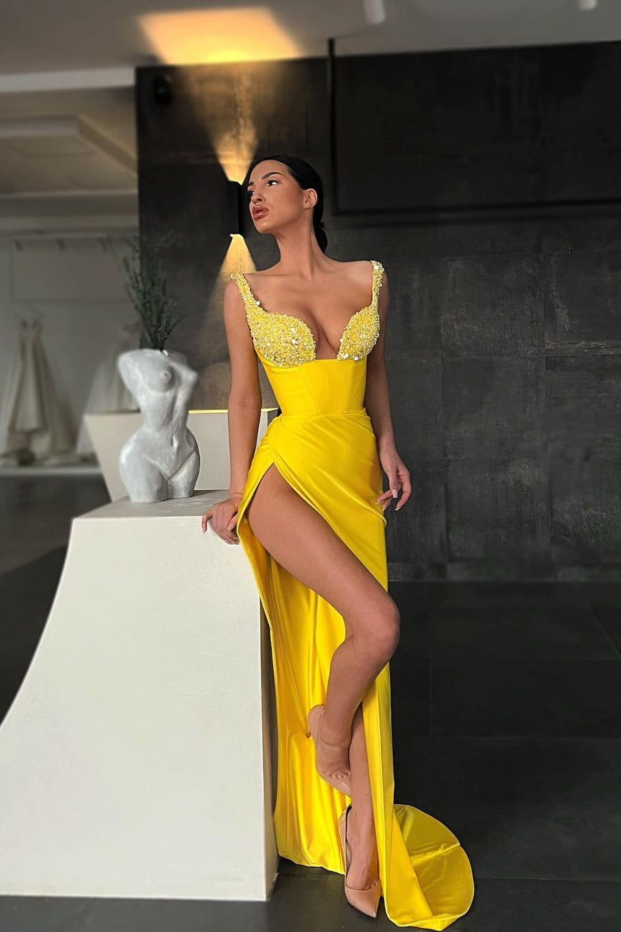 yellow sparkly prom dress Yellow Long Sweetheart Sequin Straps Mermaid Evening Dress with Slit