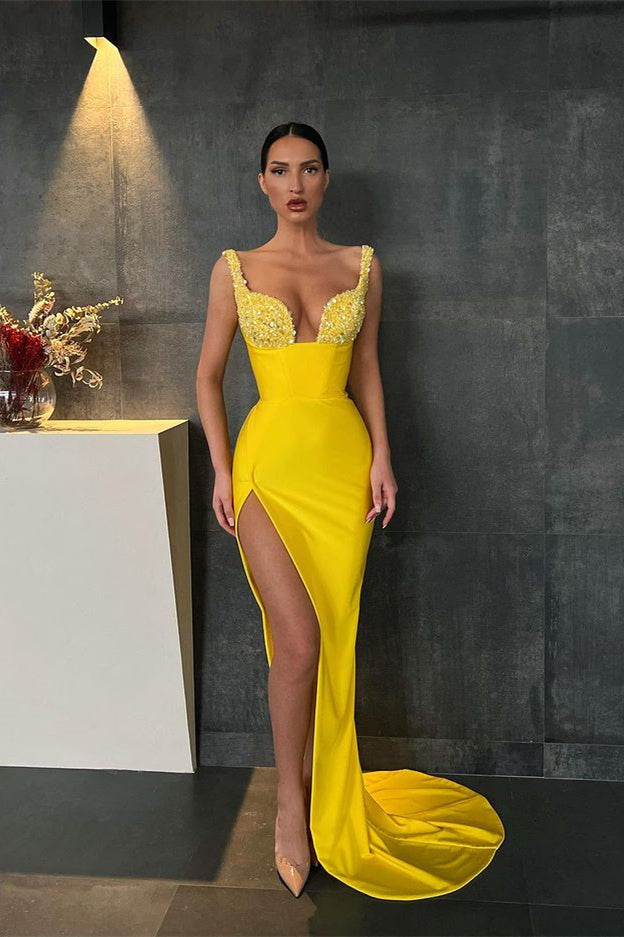 yellow sequin prom dress Yellow Long Sweetheart Sequin Straps Mermaid Evening Dress with Slit