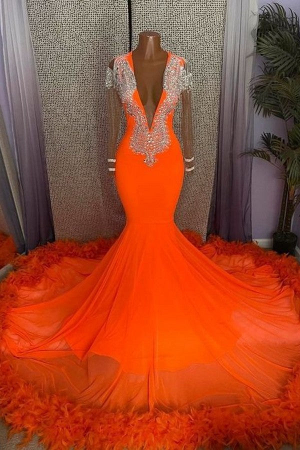 open lace back dress Gorgeous Orange Long Mermaid Tassel V-Neck Prom Dress with Sleeves