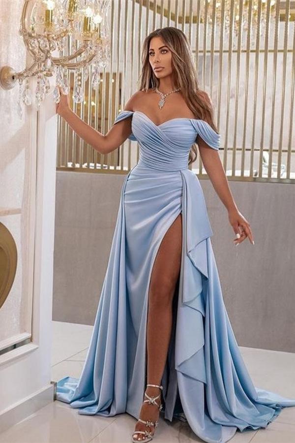 Long Mermaid Off The Shoulder Ruched Satin Formal Prom Dress with Slit Long Mermaid Off The Shoulder Ruched Satin Formal Prom Dress with Slit