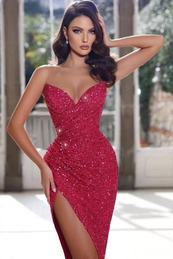 Sexy Sweetheart A-line Sequined Long Prom Dresses With Split - Biztunnel