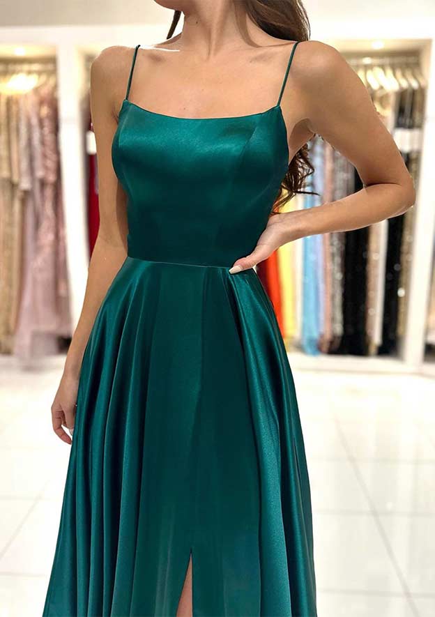 A-line Square Neckline Spaghetti Straps Backless Long Prom Dress with –  BIZTUNNEL