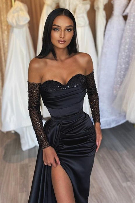 black short long sleeve prom dresses Black Long Off the Shoulder Sweetheart Satin Front Slit Prom Dress with Sleeves black short long sleeve prom dresses Black Long Off the Shoulder Sweetheart Satin Front Slit Prom Dress with Sleeves