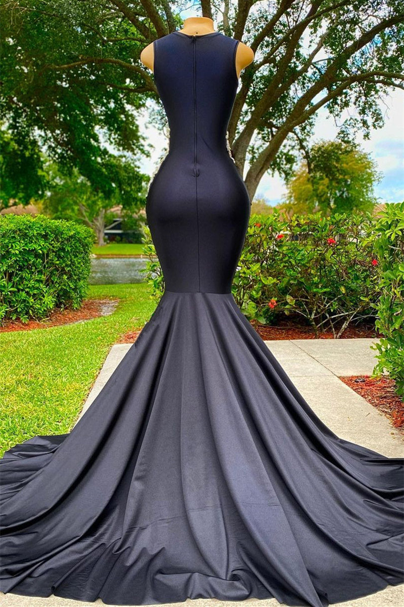 lace black mermaid prom dresses Black Long Sleeveless Strapless Satin Lace Appliques Mermaid Prom Dress