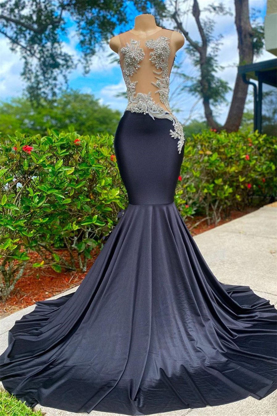 Black Long Sleeveless Strapless Satin Lace Appliques Mermaid Prom Dres
