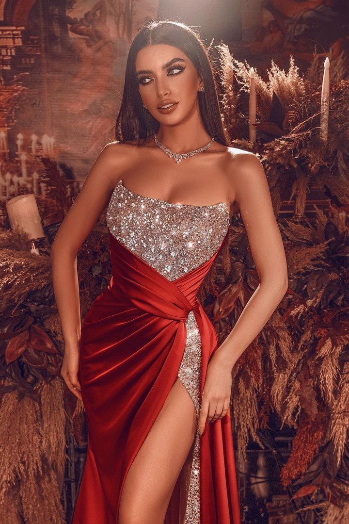 Burgundy Long A-line Strapless Satin Beads Prom Dress with Slit Burgundy Long A-line Strapless Satin Beads Prom Dress with Slit