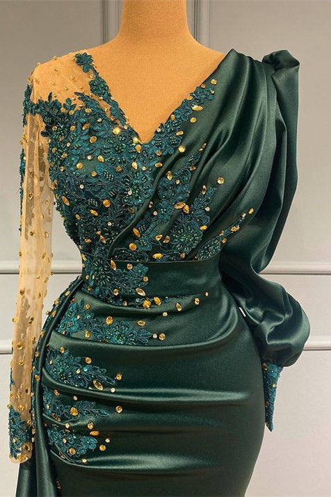 Dark Green Long Sleeves Mermaid V-Neck Satin Beadings Evening Prom Dress Dark Green Long Sleeves Mermaid V-Neck Satin Beadings Evening Prom Dress