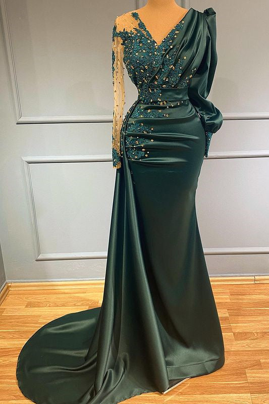 Dark Green Long Sleeves Mermaid V-Neck Satin Beadings Evening Prom Dress Dark Green Long Sleeves Mermaid V-Neck Satin Beadings Evening Prom Dress