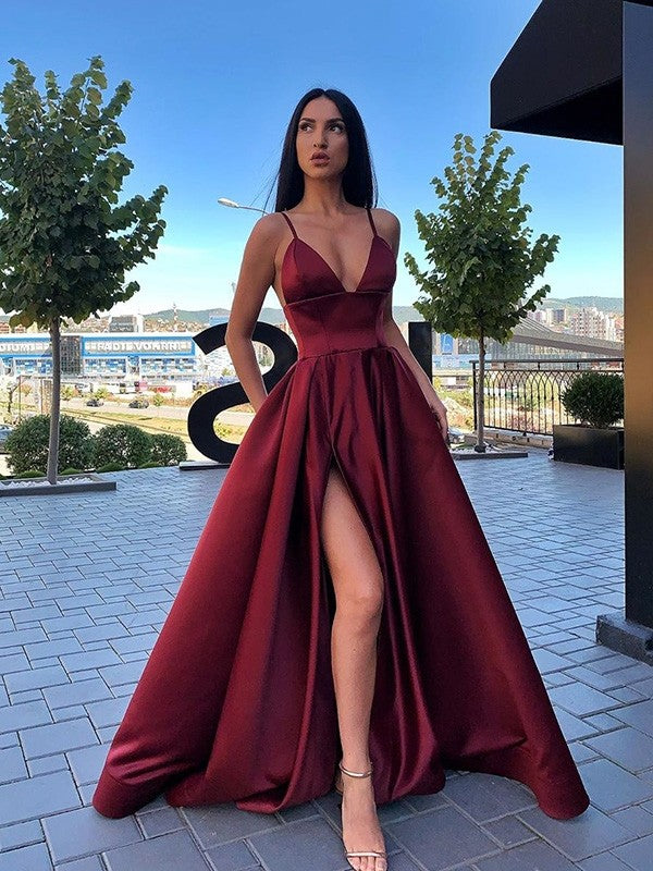 Elegant Long A-line V-Neck Front Slit Satin Prom Dress with Pockets –  BIZTUNNEL