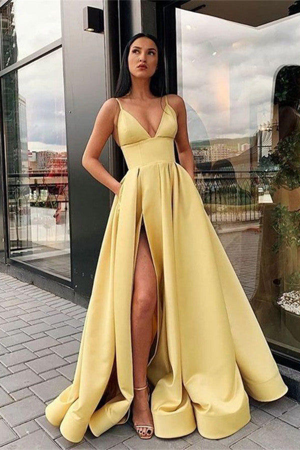 Elegant Long A-line V-Neck Front Slit Satin Prom Dress with Pockets Elegant Long A-line V-Neck Front Slit Satin Prom Dress with Pockets