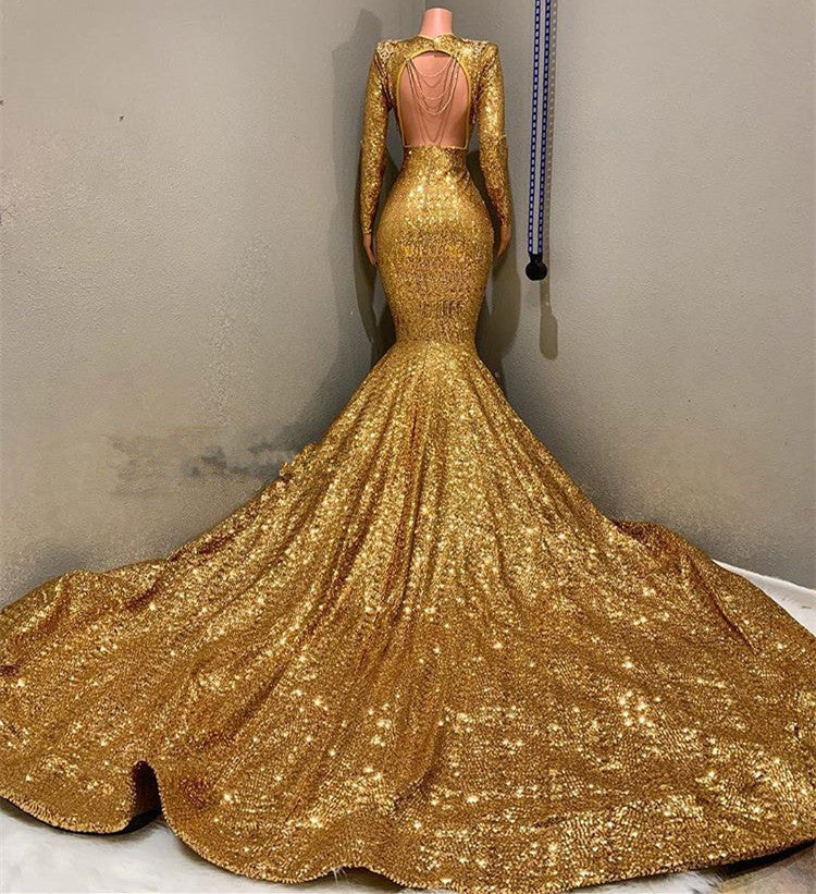 Gold Long Sequined V-Neck Bakless Mermaid Prom Dress With Sleeves Gold Long Sequined V-Neck Bakless Mermaid Prom Dress With Sleeves
