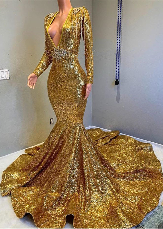 Gold Long Sequined V-Neck Bakless Mermaid Prom Dress with Sleeves Gold Long Sequined V-Neck Bakless Mermaid Prom Dress with Sleeves
