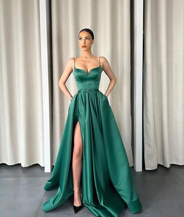 emerald green spaghetti strap prom dress Popular Emerald Green Satin Spaghetti Straps Long Evening Prom Dresses,  Side Slit Prom Dress, MR9090