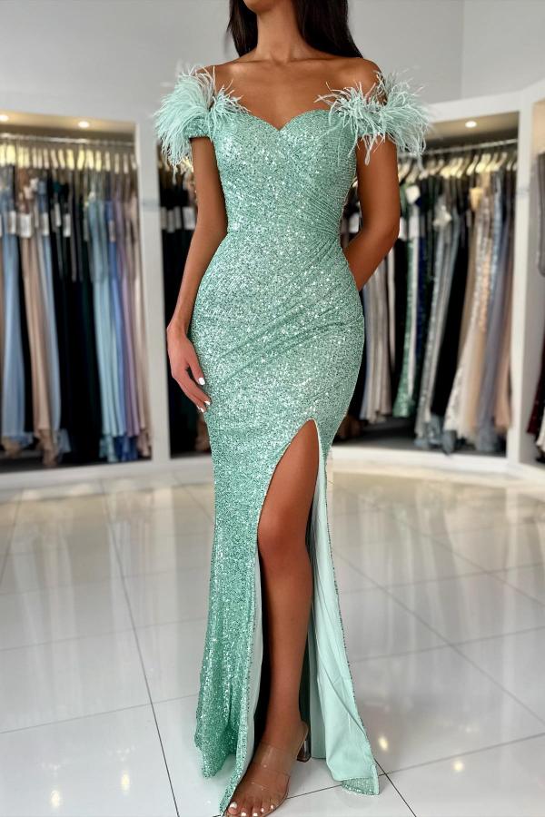 prom dresses with fur Burgundy V-neck Long sleeve Sequined Mermaid Velvet Fur Prom Dresses
