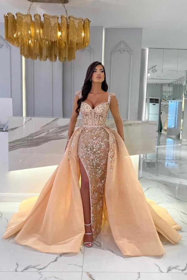 Mermaid Sweetheart Tulle Long Sleeves Split Front Prom Dresses with Detachable Train Mermaid Sweetheart Tulle Long Sleeves Split Front Prom Dresses with Detachable Train