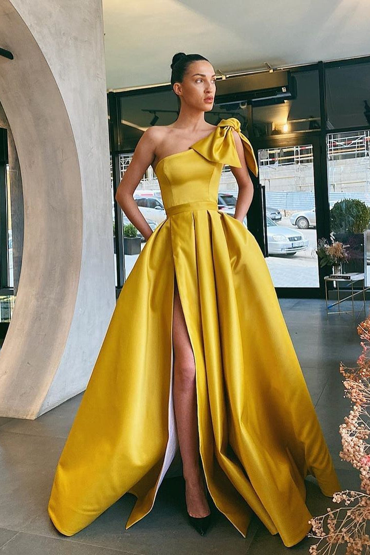 One Shoulder Long A-line Satin Front Slit Prom Dress With Pockets BIZTUNNEL One Shoulder Long A-line Satin Front Slit Prom Dress With Pockets BIZTUNNEL